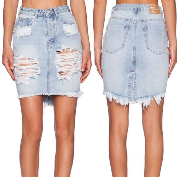 One TEASPOON High Rise Mini Jean Skirt Destroyed Blue 25 - Picture 2 of 10